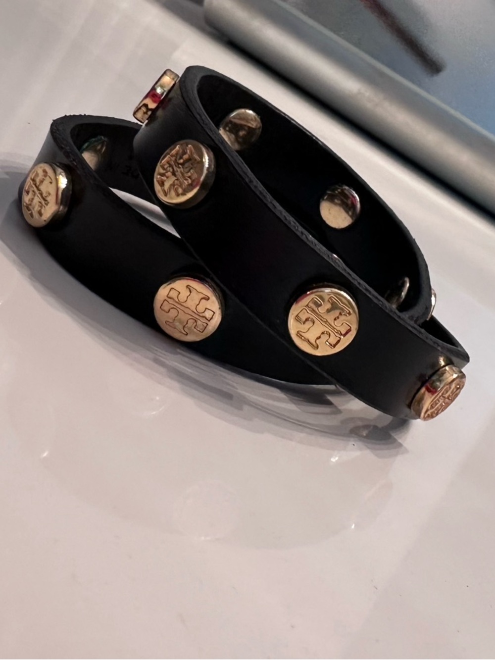 Tory Burch Black Leather Double Wrap Bracelet with Gold Logo Studs